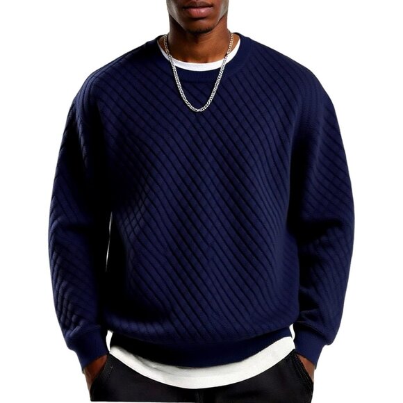 Coofandy Men Navy Blue Crewneck Geometric Texture Long Sleeve Sweatshirt - Picture 1 of 5